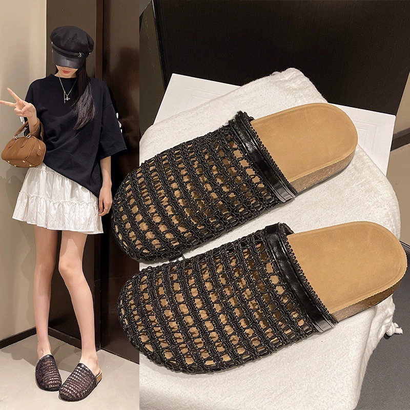 Тканые тапочки с полой сеткой на носке, популярный летний стиль 2025, новые женские уличные дышащие туфли-мулы