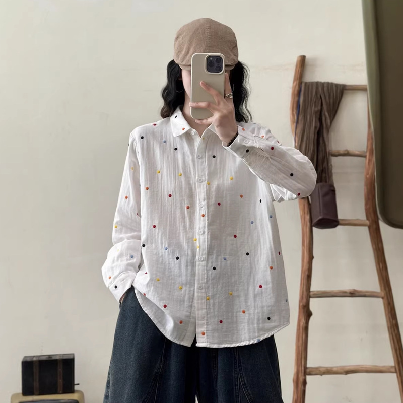 Polka Dot Embroidery Soft Double-Layer Cotton Gauze Long-Sleeved Shirt 2026 Spring New Style Casual Slimming Top 2830 Polka Dot Embroidery Soft Double-Layer Cotton Gauze Long-Sleeved Shirt 2026 Spring New Style Casual Slimming Top 2830