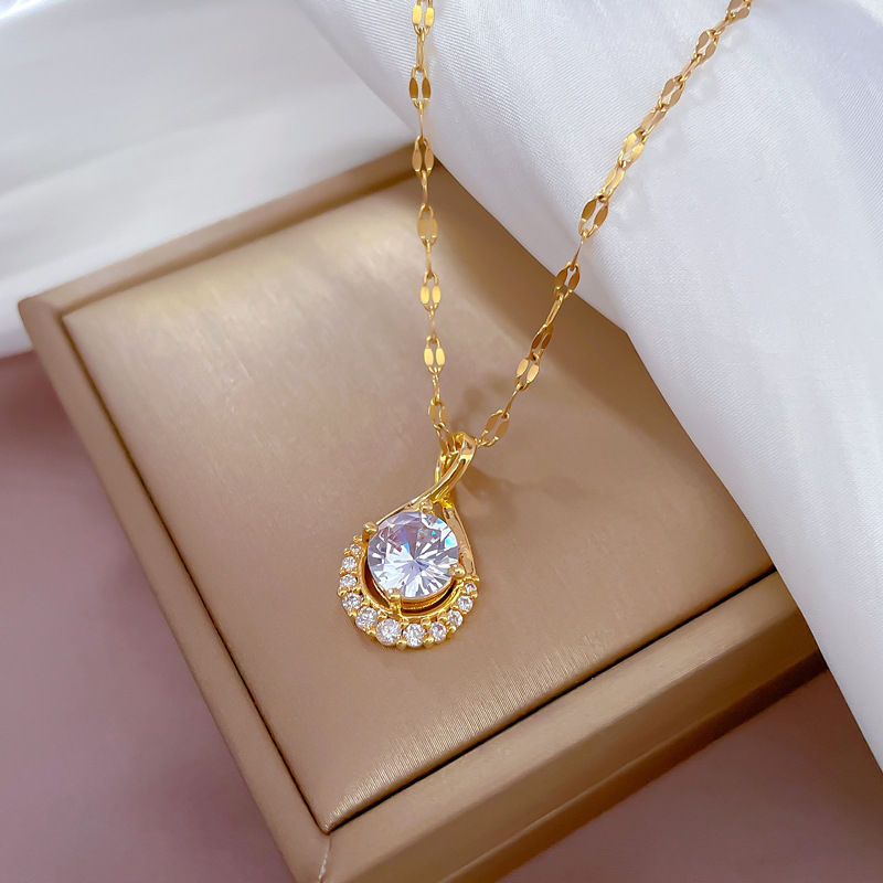 Water Drop Gemstone Necklace Titanium Steel Diamond Inlaid Ins_voghion.com