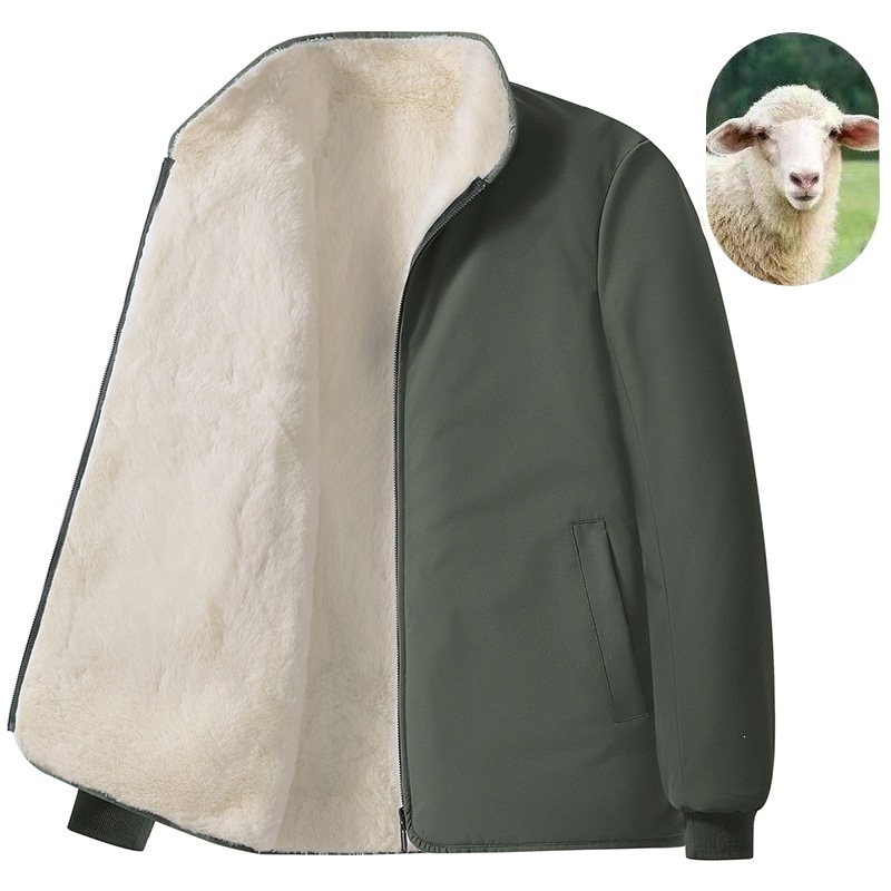 Men's winter fleece-lined, thick, casual, versatile cotton coat, comfortable, temperature-regulating, with a stand-up collar, providing warmth and protection against the cold, made with sheepskin fleece