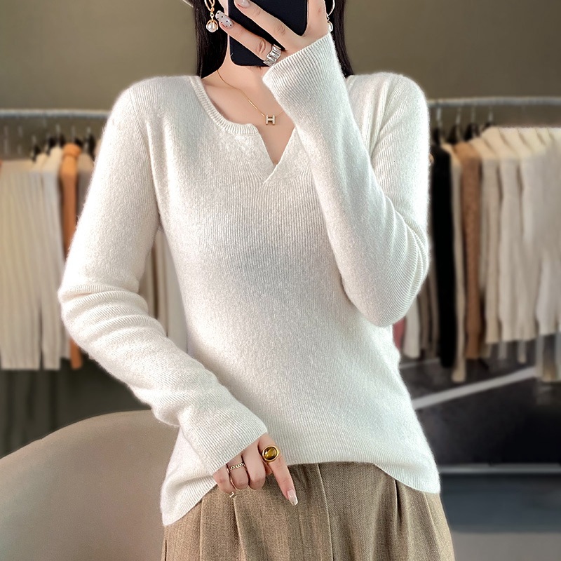 V领长袖纯色针织打底衫女初秋薄款叠穿上衣简约时尚内搭潮流百搭