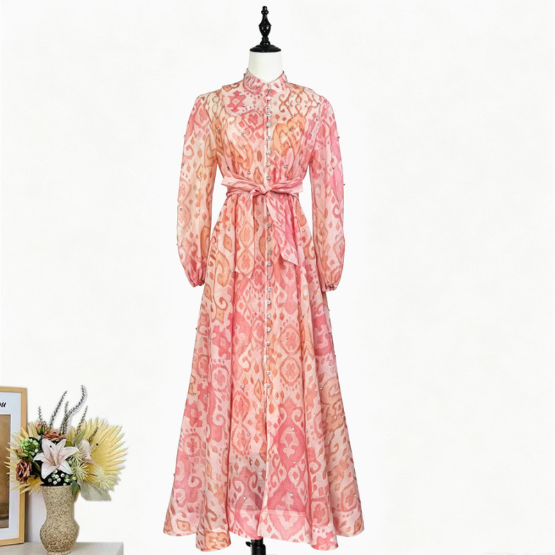 Real Shot of a French-Style Elegant Lady's Dress with Rhinestones, Lantern Sleeves, Small Stand-Up Collar, Waist-Cinching Tie, and Large Hem Long Skirt