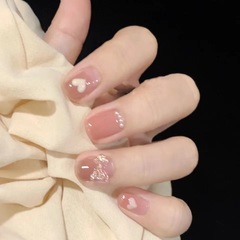 [Yihe] Purely handmade wearable nails, customized short nails, cute and versatile nail art, soft fu bow