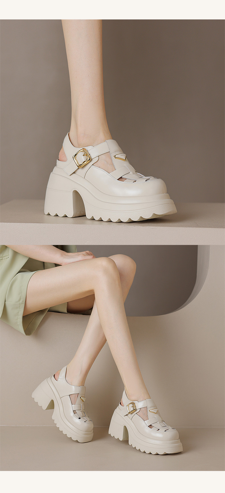 Sandal bít mũi đế độn cao 10cm phong cách La Mã dệt kim hở gót cho nữ — Màu be, Màu đen chi tiết 9