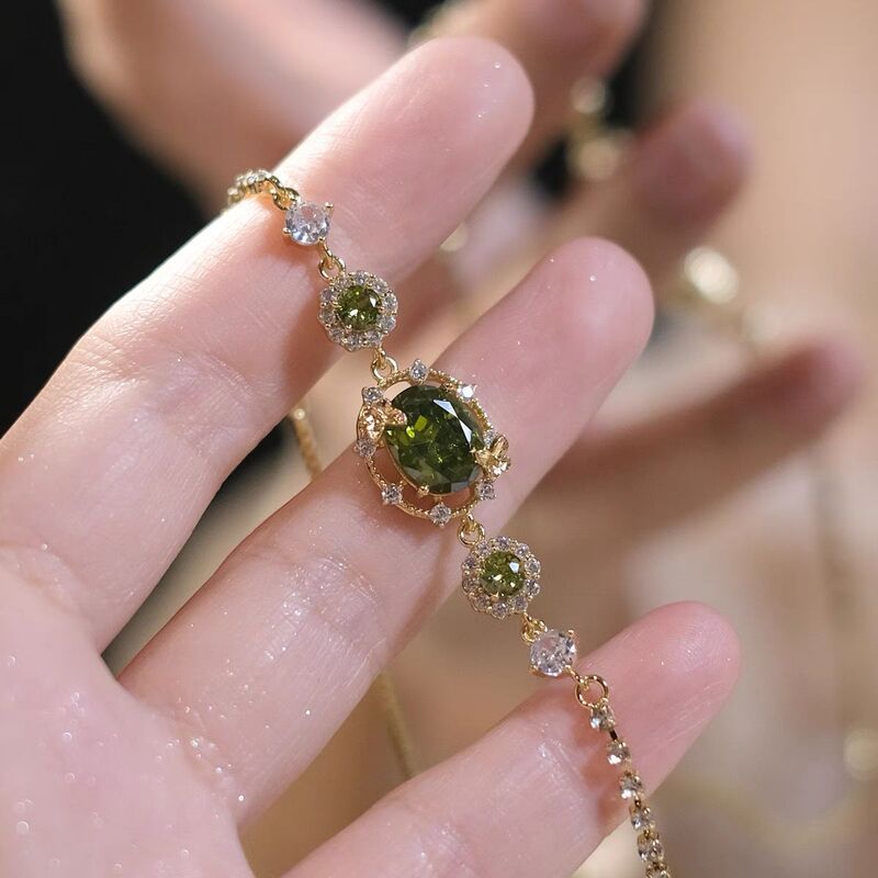 Olive Green Zircon Bracelet for Women, Fashionable, Versatile, High-End, Accessible Luxury Hand Jewelry, Chinese Valentine's Day Jewelry, Same Style Earrings