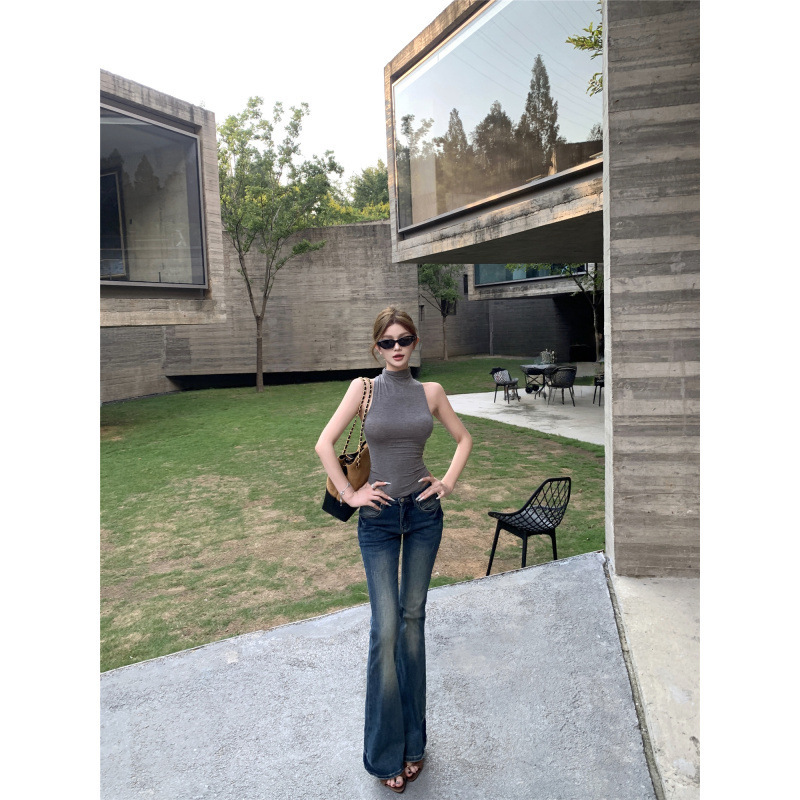 Gao Zhi's Stylish Half-High Collar Slim-Fit Sleeveless Vest + Low-Waist Slimming Jeans Retro Flared Pants Set for Women