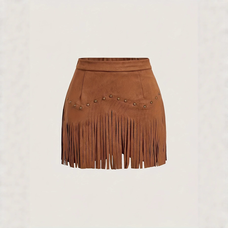 2025 Women's Retro Rivet Tassel Faux Suede A-Line Skirt 2025 Women's Retro Rivet Tassel Faux Suede A-Line Skirt