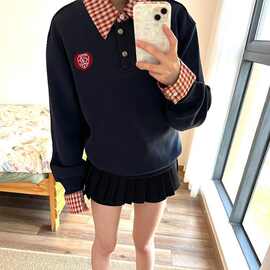 美式复古学院风假两件格子Polo领卫衣女2025春季新款宽松休闲长袖