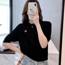 KENZ0海棠花刺绣纯色圆领女短袖t恤休闲针织上衣立体日韩修身型