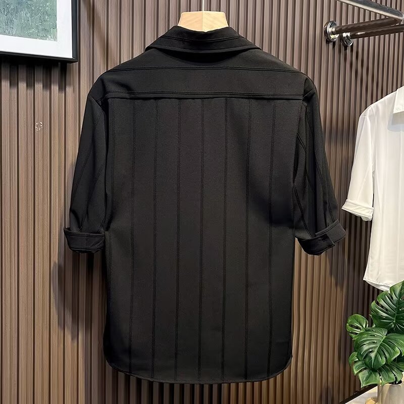 Camicia uomo a maniche corte a righe in misto seta casual_voghion.com