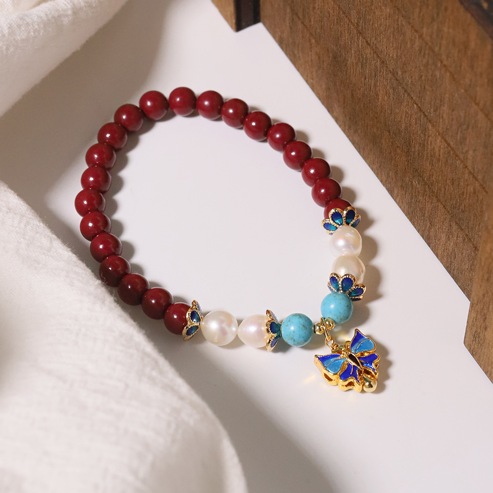 Nicho retrógrado camuflado pulsera de perlas de agua fresca piedra turquesa collar de mariposa azul cuentas para la pareja joyas de mano
