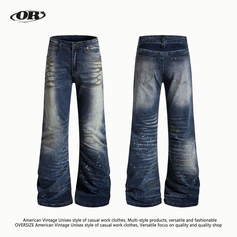 Oreeta丨Vintage Distressed Scimitar Jeans for Men and Women with Ink-Splattered Creases and Whisker Design, Slim-Fit Stacked Pants
