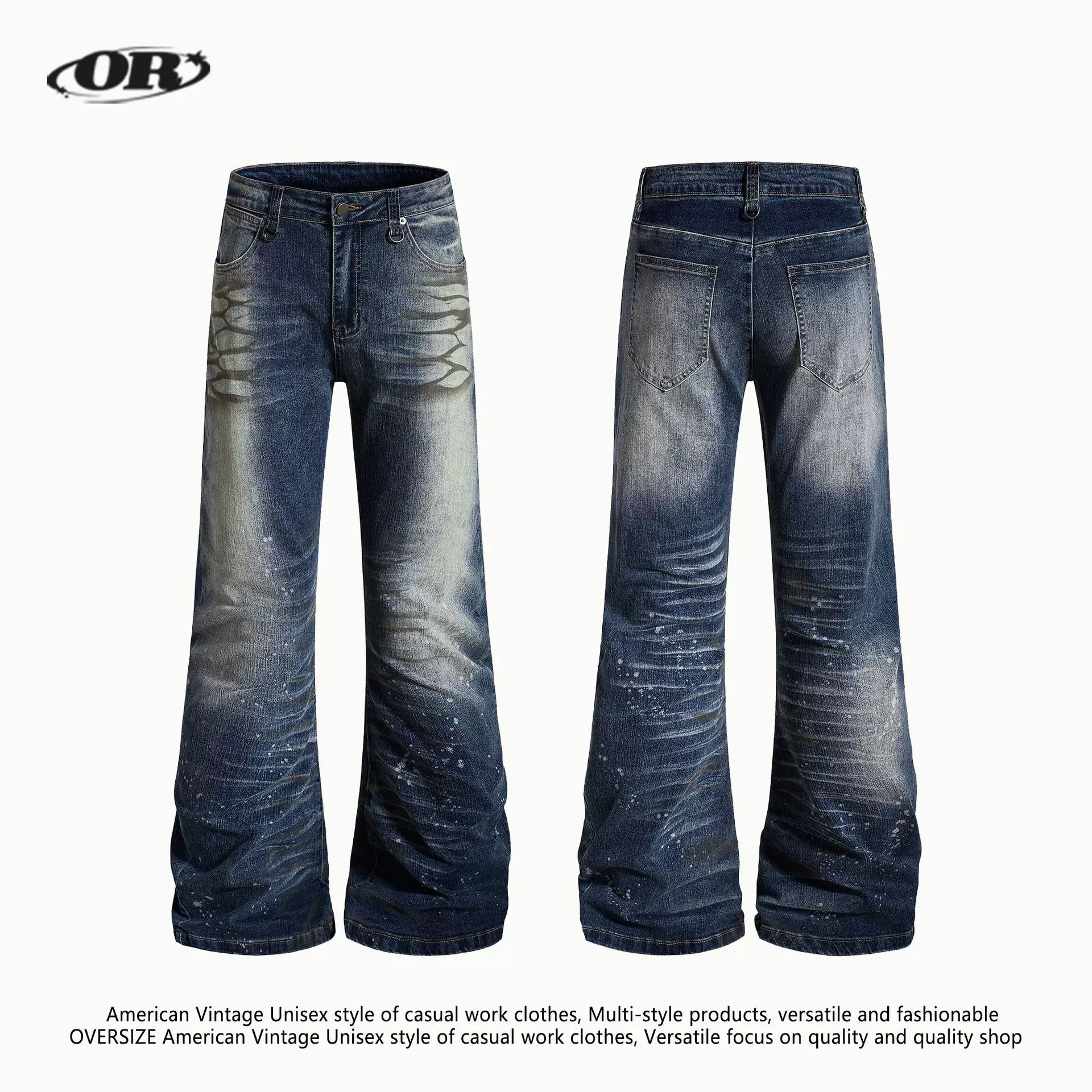 OREETA丨复古做旧弯刀牛仔裤男女款泼墨折痕猫须设计感修身堆堆裤