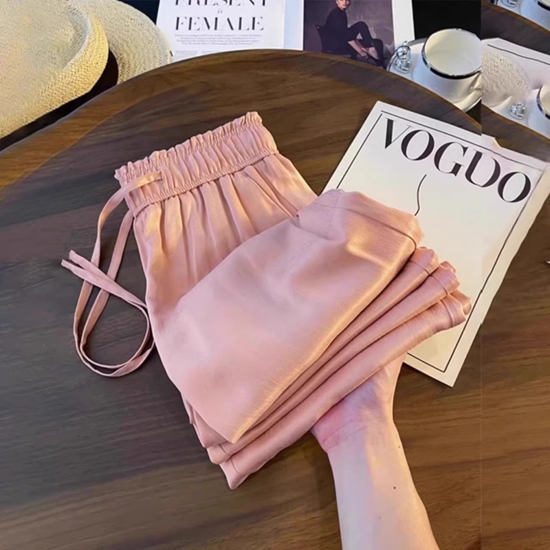 オレンジキュプラシルクワイドレッグパンツ女性のための 2025 夏の新しいファッション気質酢酸アイスシルクカジュアルパンツルーズで透明|undefined