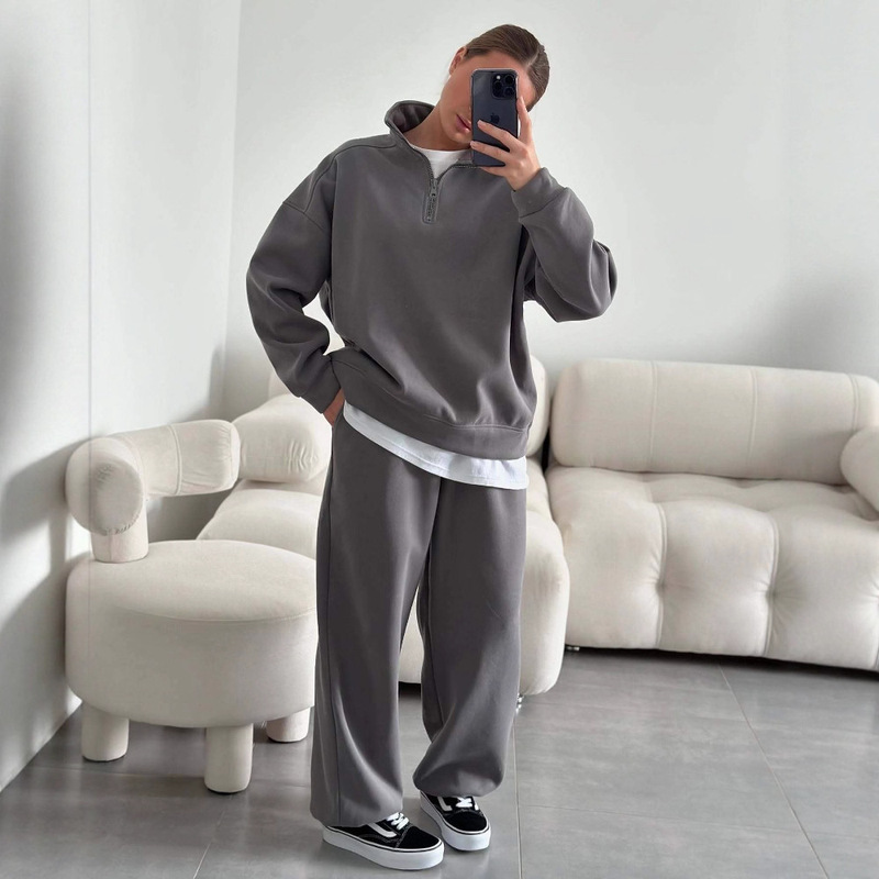 Cotton Fashion Half Open Collar Long Sleeve Sweatshirt and Pants Casual Suit Oversize Pullover Sweatpants Two-Piece Set for Women Cotton