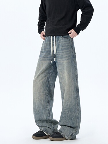 Lightning-pattern denim jeans for men, washed and aged style, American-style bootcut pants, autumn high-street trousers, loose-fit straight-leg flared-length pants.