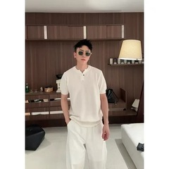 koko_星が少ない夏の夜 シンプル通勤オールドマネースタイル ヘンリーカラー 氷のようなシルクチェック柄 カジュアルセーター