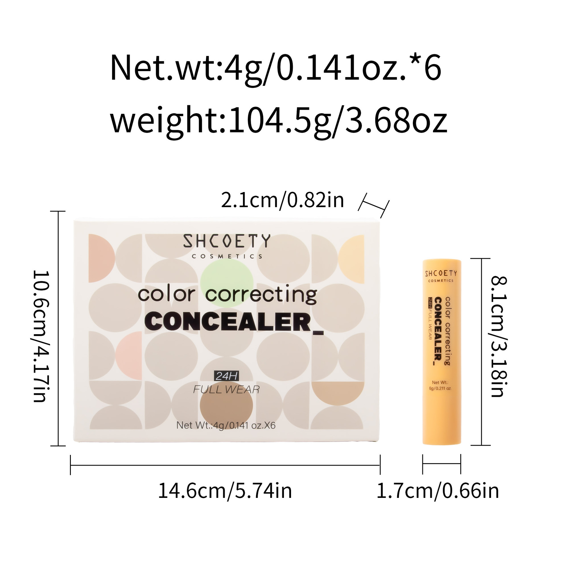 SHCOETY Cross-border Exclusive Rotating Concealer Set 6-color Natural Three-dimensional matte Concealer Stick Facial Contouring pen Specification drawing