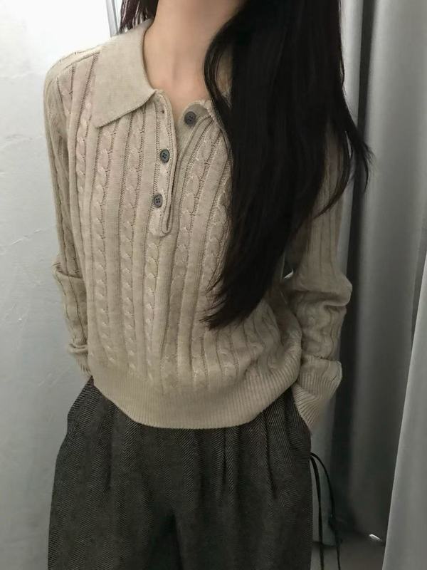 2025秋季新款毛衣蓝色麻花POLO领针织衫女慵懒高级感上衣秋冬女装|undefined