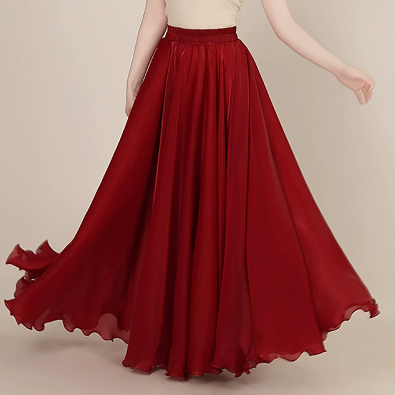 Классическая танцевальная юбка с широким подолом, танцевальная юбка из блестящего шелка с эффектом водного блеска, современная танцевальная юбка средней длины.