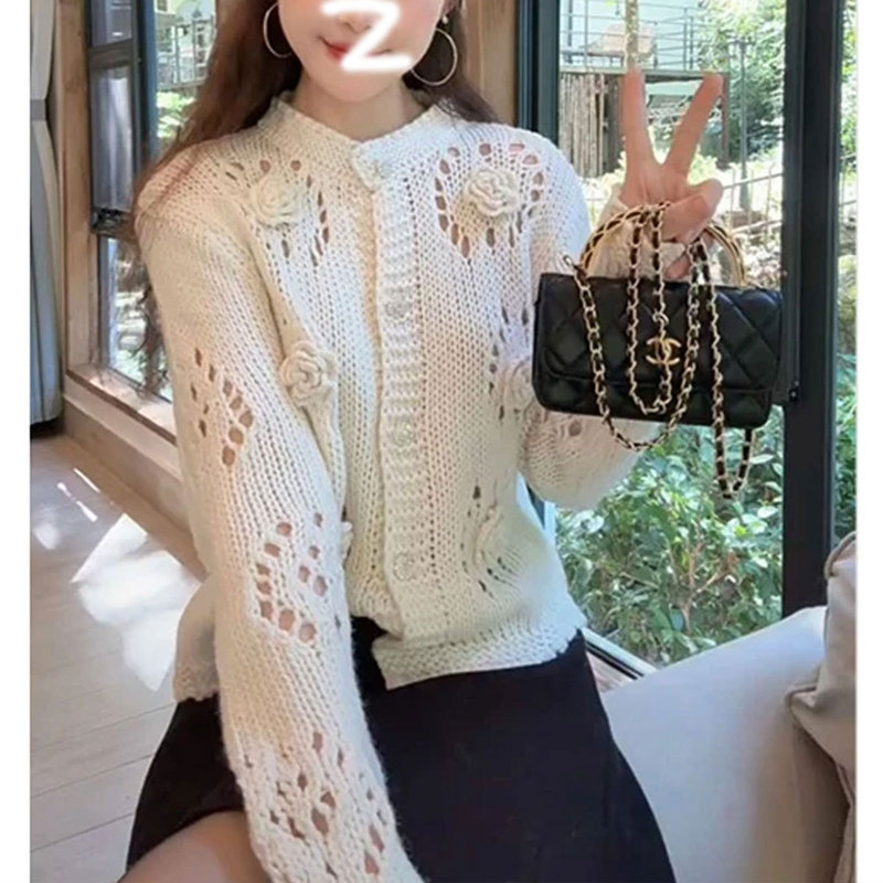 法式立体花朵镂空毛衣女秋冬慵懒高级感宽松长袖针织开衫外套上衣|undefined