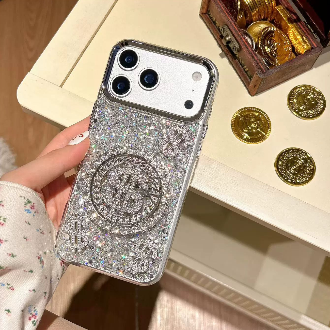 适用苹果18promax手机壳iphone17滴胶闪粉转盘美元发财16pro新款X - 4