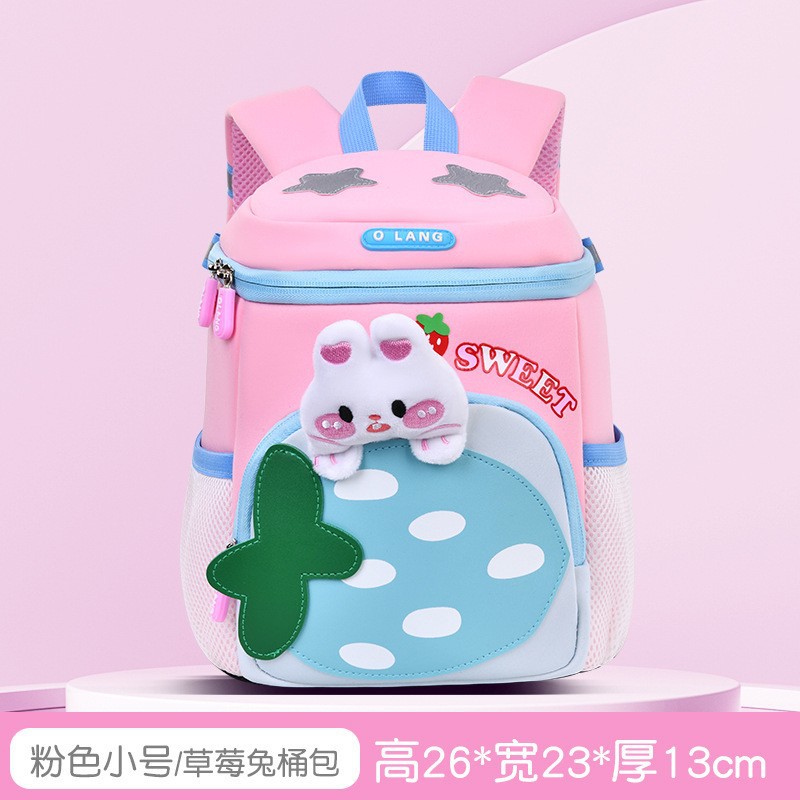 Nueva mochila escolar de jardín de infantes lindo conejo fresa mochila escolar para niños dibujos animados reducción de carga ultraligera anti-pérdida bolsa para niños