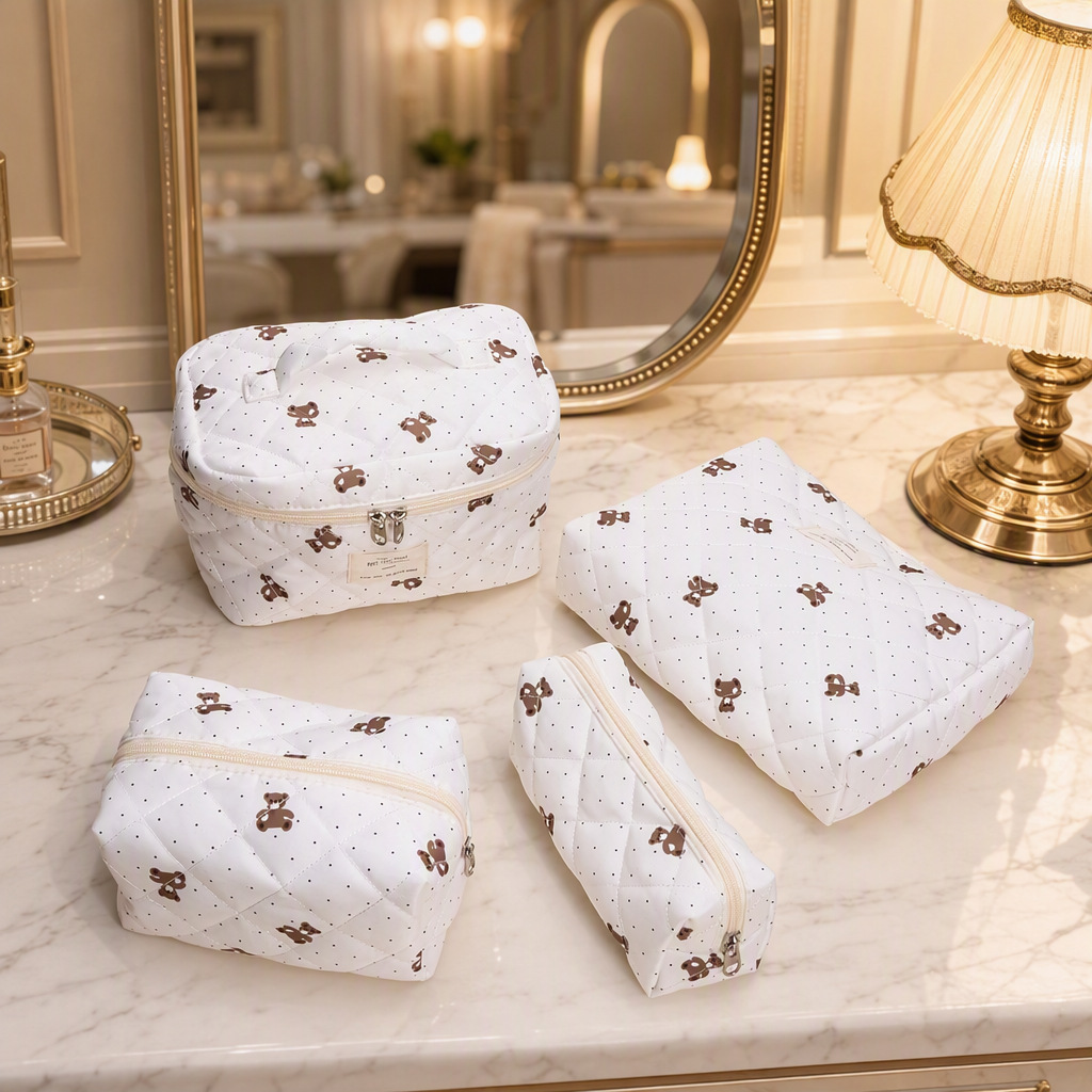 Cream Polka Dot Bear Makeup Bag, Quilted and Padded, Large Capacity, Portable Travel Storage and Toiletry Organizer Set
