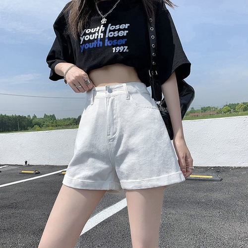 Curled jeans shorts women's summer loose Korean style student high-waist slim casual thin a-line wide-leg hot pants