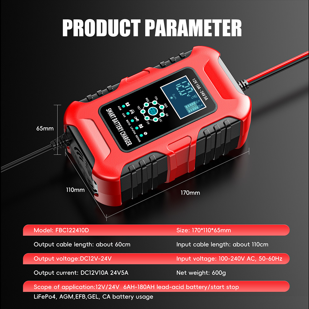 12V10A 24V5A battery charger, lead-acid battery charging and pulse repair device, red, European standard