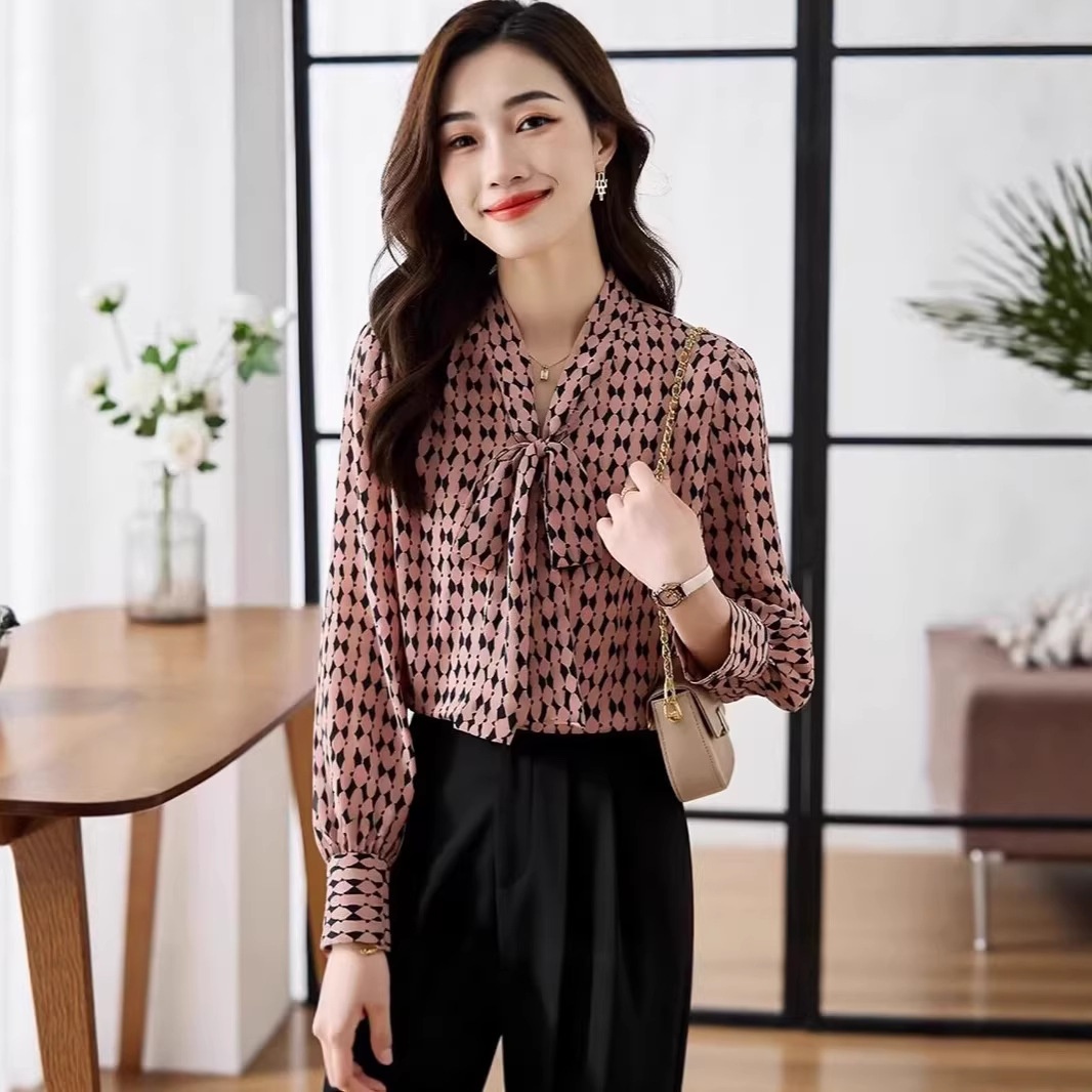 Áo sơ mi nữ dài tay phong cách thông thường, thiết kế dây buộc giảm tuổi — màu hồng chi tiết 3
