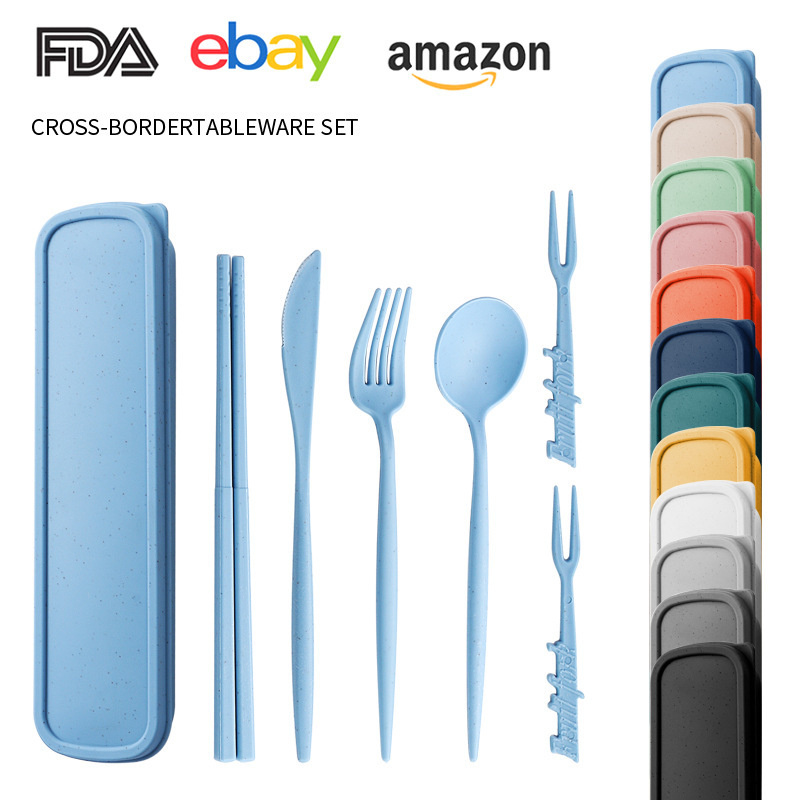 Cross-border Hot Wheat Straw Plastic Tableware Box suit Portugal Small Man Waist Knife, Fork and Spoon Outdoor Portable Tableware