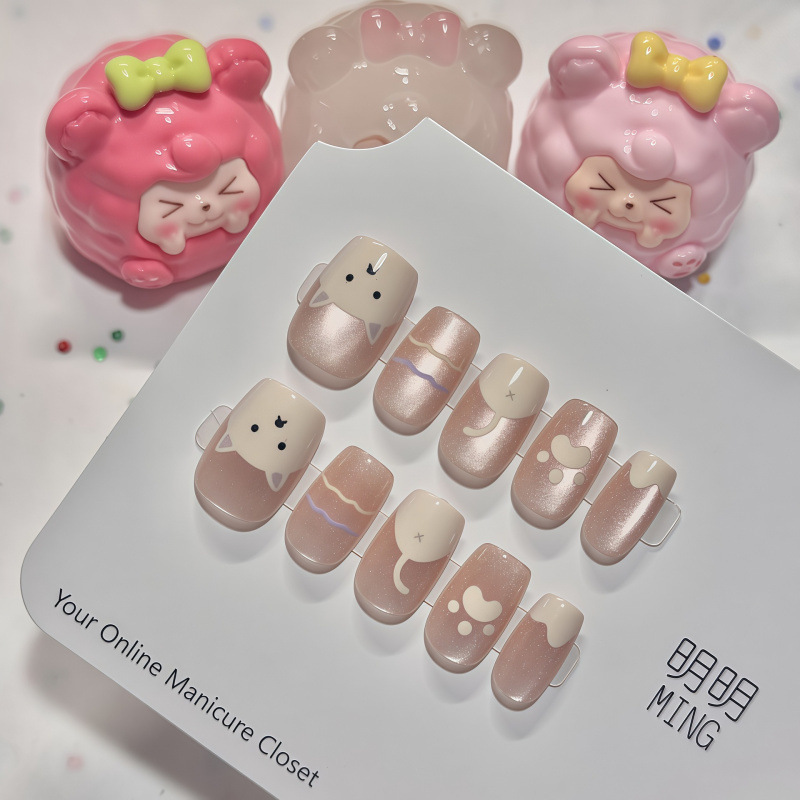 Soft and Cute Korean Style Short Nails, Handmade Wearable Nails, Ins Cat Graffiti, Summer Atmosphere, Student Fake Nails