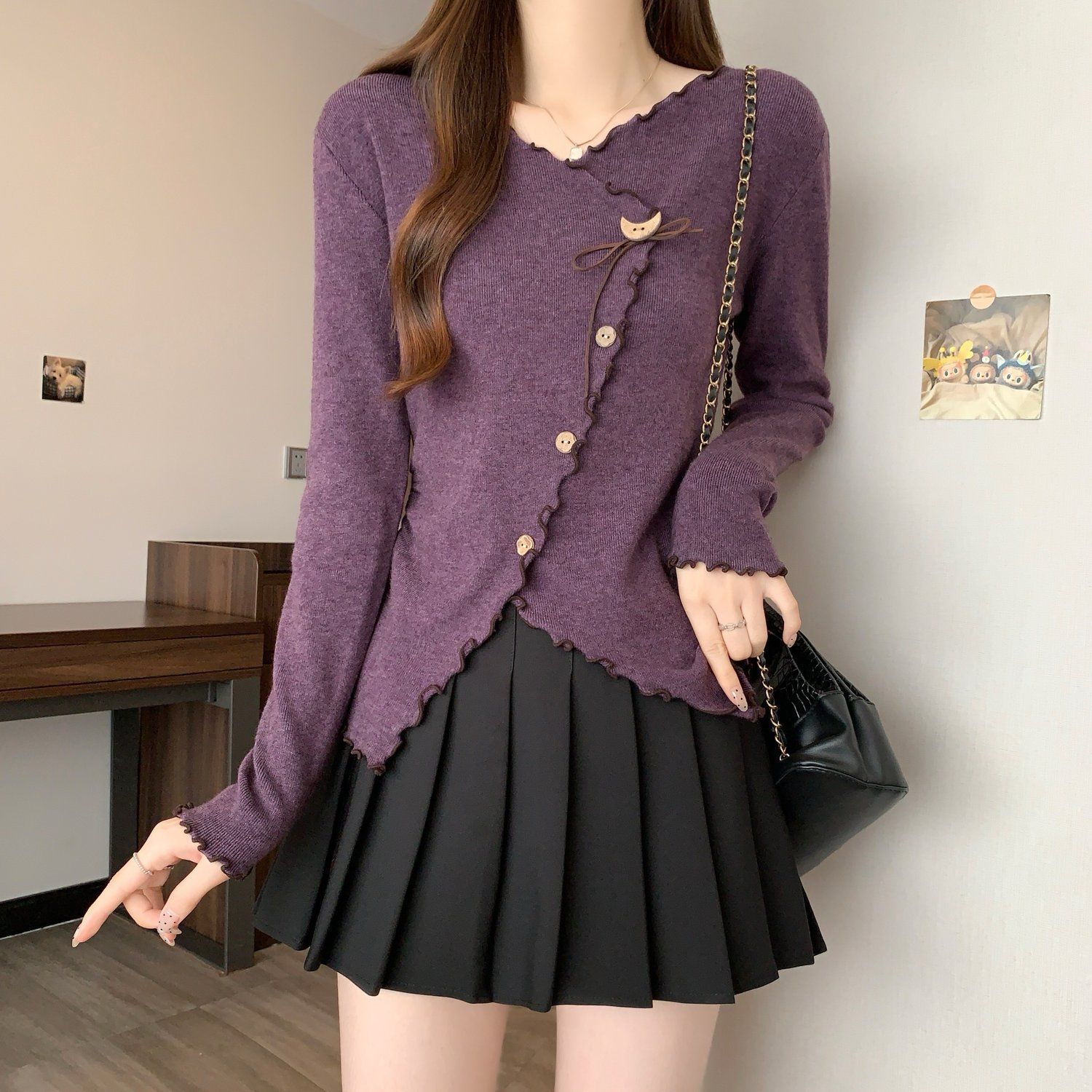 法式耳边打底长袖针织衫2025秋季新款毛衣设计不规则上衣黑色灰色