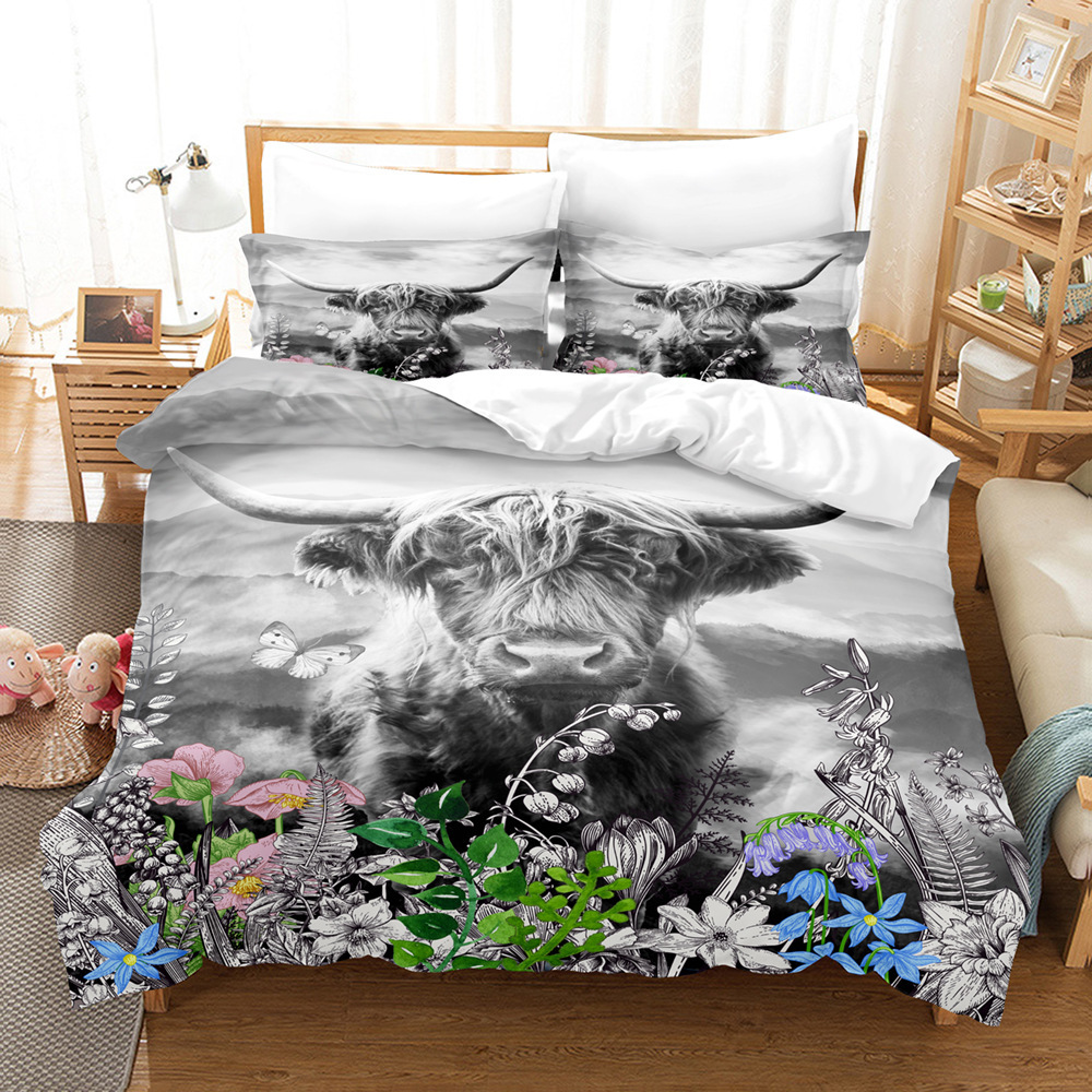 Serie de ganado 3D Impresión digital transfronteriza cubierta de edredón de comercio exterior conjunto de tres piezas conjunto de ropa de cama de cuatro piezas