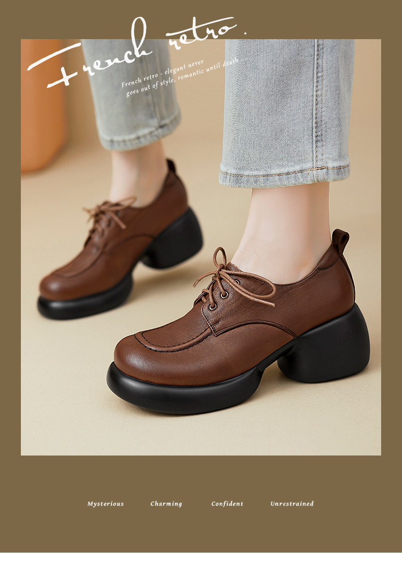 Giày loafer nữ dây buộc phong cách Anh, gót vuông 5,5 cm, mũi sâu, đế dày — màu nâu chi tiết 1