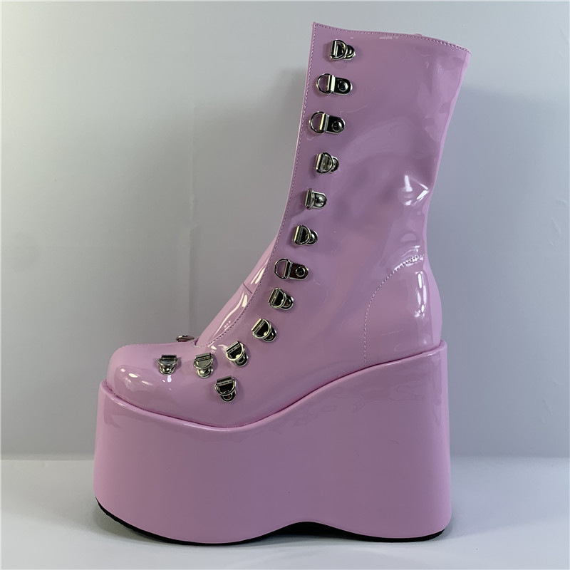 Pink Casual Flat Waterproof Platform High Top Spot Low Barrel Platform Shoes Solid Color Round Toe Single Shoes Fashion Super High Heels