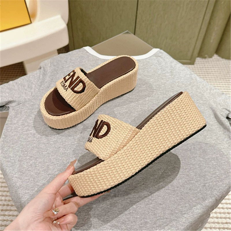 Женские летние босоножки высокой версии бренда F с цветочным принтом, вышивкой жаккардом, на платформе с толстой подошвой и высоком каблуке, новинка 2025 года для улицы.