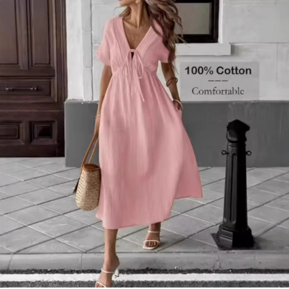 Elegant V-Neck Flowy Midi Dress - Soft Cotton Summer Dress For Women, Comfortable Loose Fit Casual & Office Wear (Available In 8 Colors)_ecoleips.com