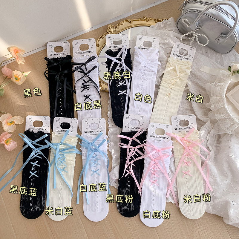 Botas de algodón ballet arco calcetines de encaje primavera y verano calcetines de pila delgadas japonesas Lolita medias de malla