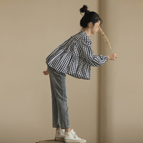 Japanese-style literary long-sleeved doll shirt, cotton, autumn and winter, medium and large women's children, black and white checkered top, loose, petite shirt, cross-border