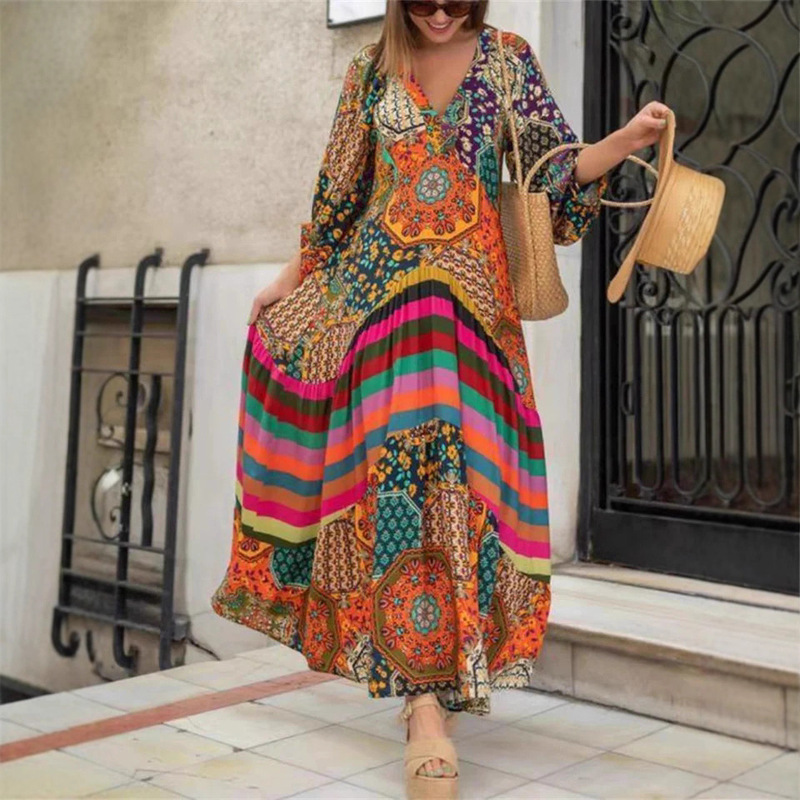 2023 cross-border positioning printing large swing super long ethnic style dress women's pleated summer new elegant dress in stock