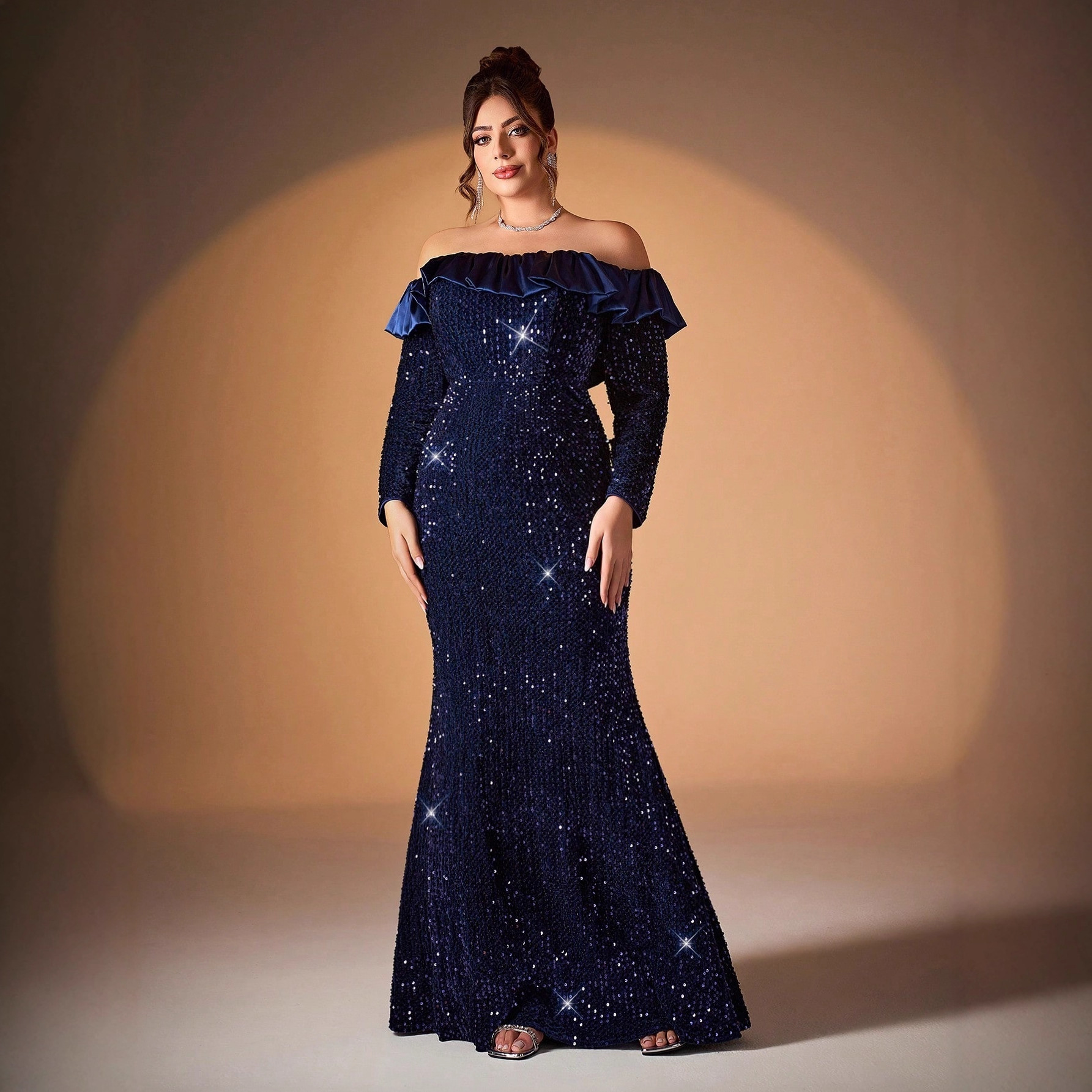 Europa y los Estados Unidos un hombro vestido de baile de sequillas 2025 invierno nuevo delgado pescado temperamento vestido grande para mujeres
