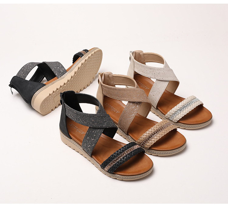 Rhinestone Woven Wedge For Women Summer New Bohemian Open-Toe Platform Roman Sandals_vogvips.com