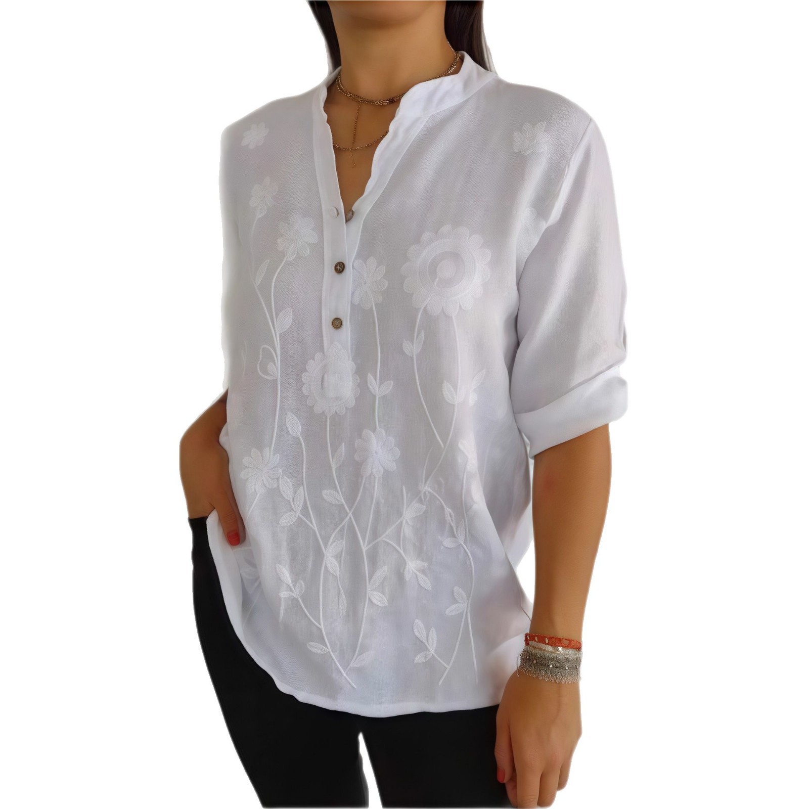 Women's Lace Embroidered V Neck Button Shirt Casual Elegant Fashion Blouse for Autumn Export Independent Website Europe & America_ecoleips.com
