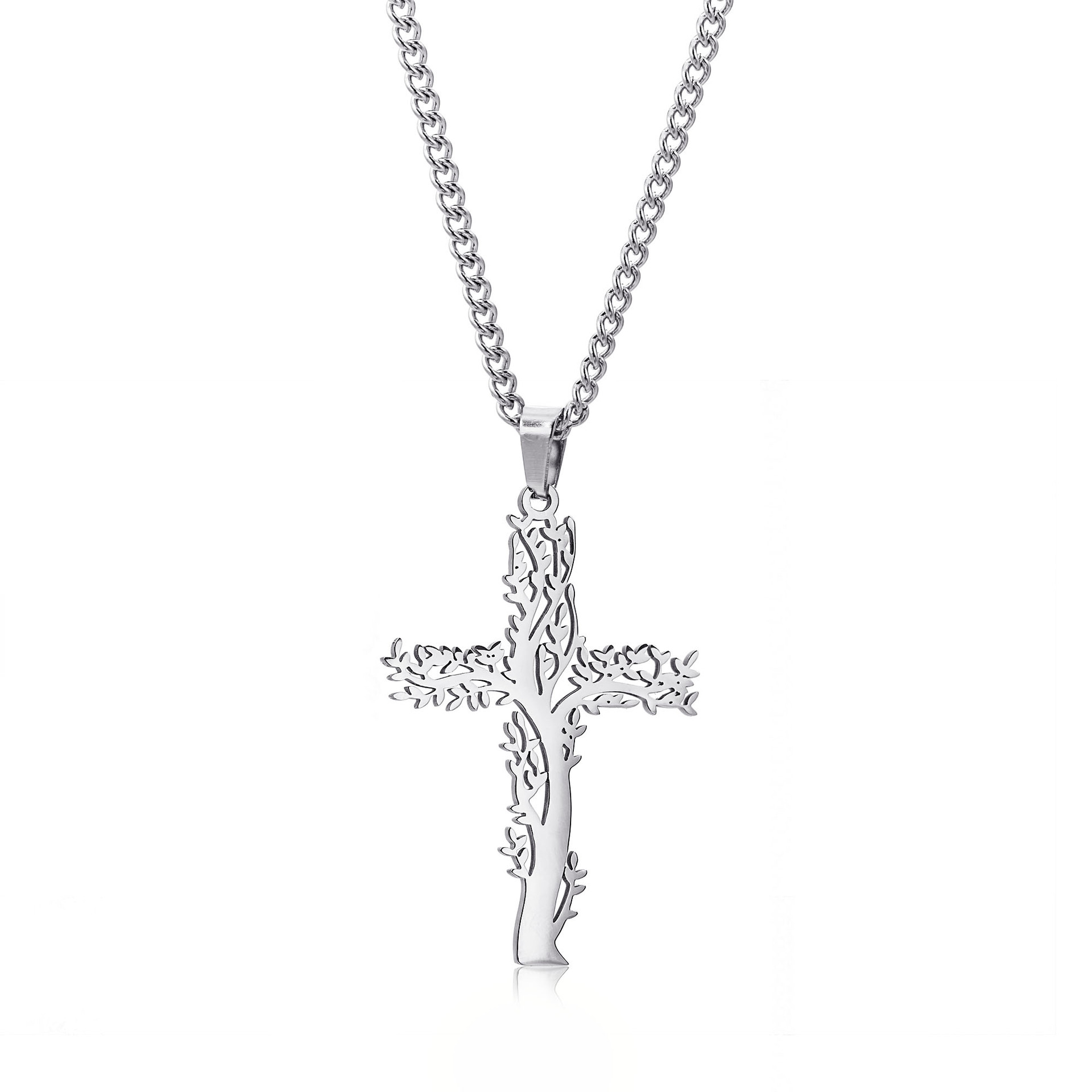 New Titanium Steel Men's Tree Of Life Cross Necklace Personality Hip-hop Tide Brand Stainless Steel Cross Necklace