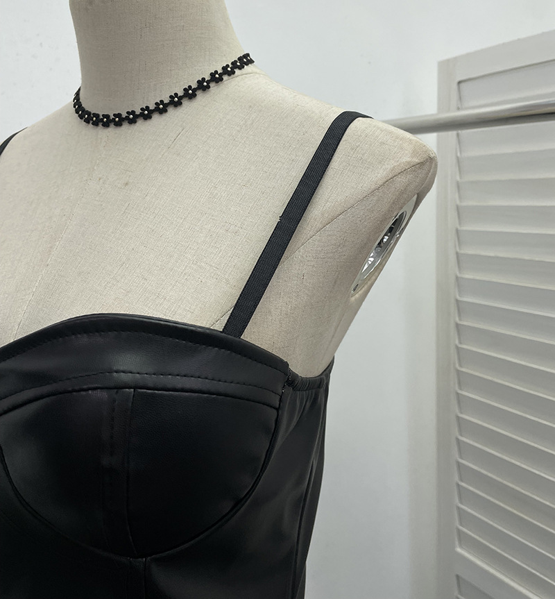 Real Shot Sexy Sling Sheath A line Faux Leather Waist Slimming Short Chest Pad Dress