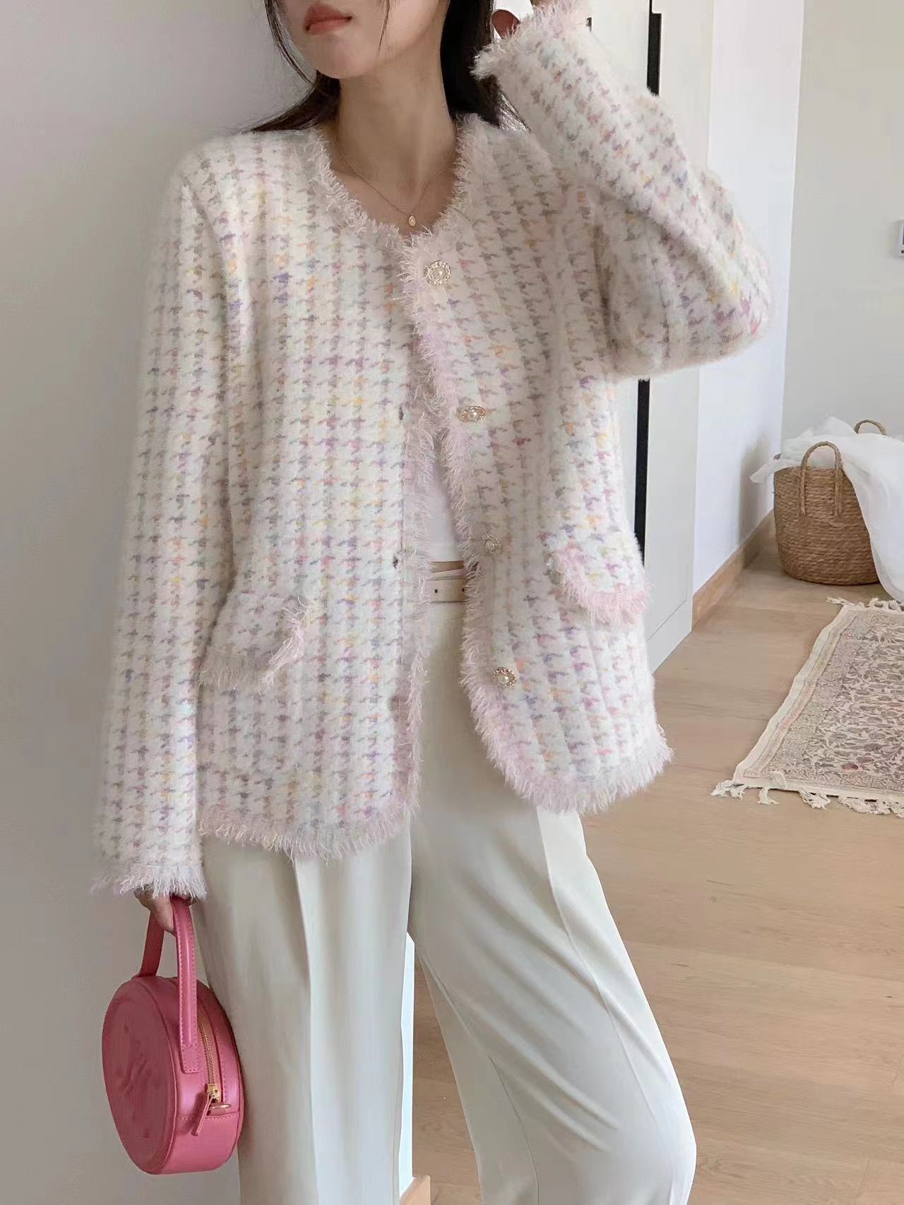 El otoño y el invierno Nuevo suéter de punto de las mujeres de pata de gallo de imitación de visón de terciopelo suelta estilo Chanel abrigo del todo-fósforo