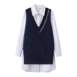 35NW-2242衬衫撞色马甲背心两件套韩版女装批发2025春季新款法式