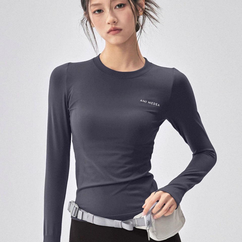 Yoga Wear for Women in Autumn and Winter, Seamless One-Piece Woven Sports Tops, Slimming Look Long-Sleeved Inner Pilates Fitness T-Shirts
